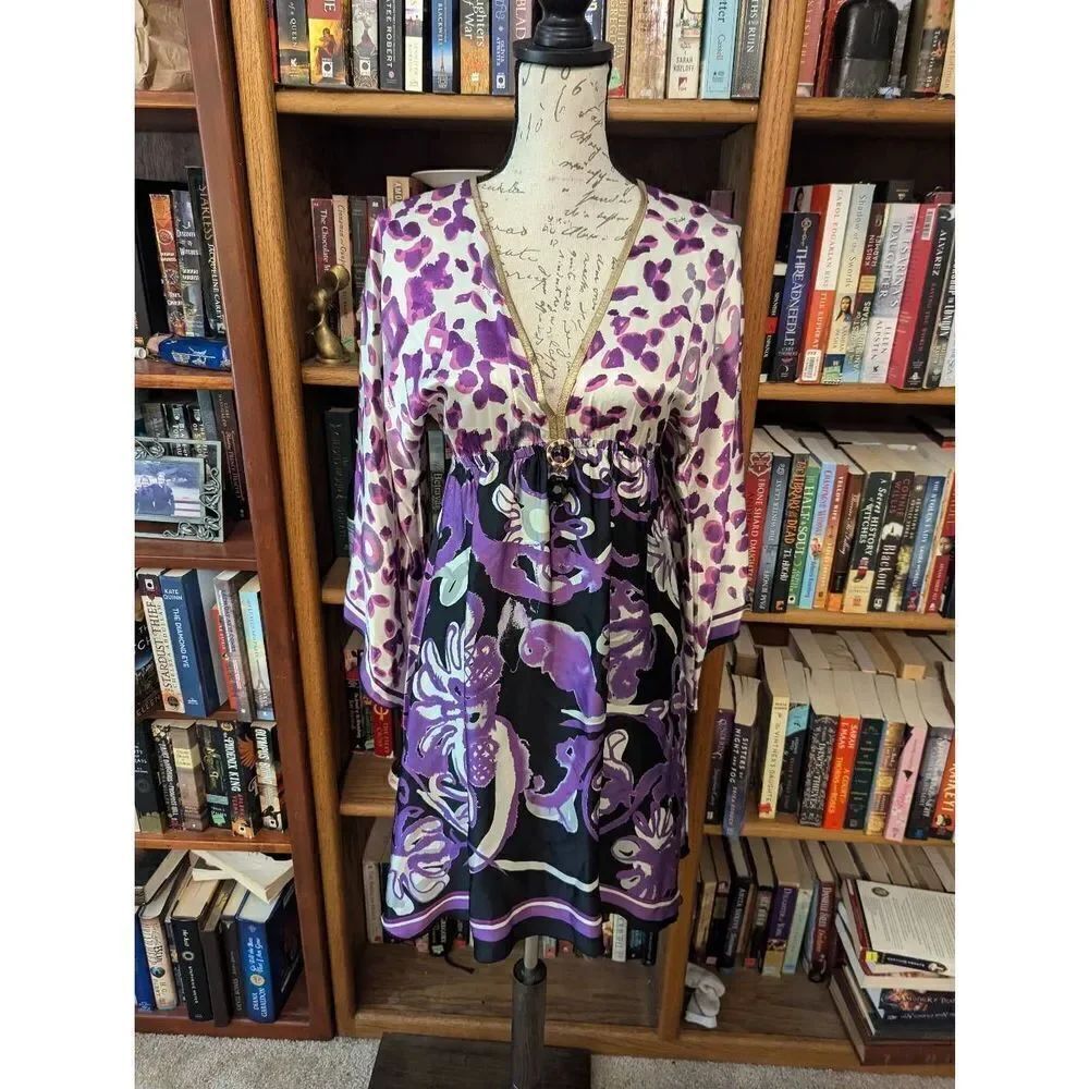 Kasia De Gelaque silk Women's Small Art to Wear Purple Deep V Knee Length Dress